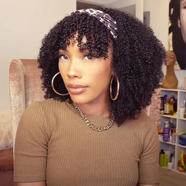 Bob Wigs for Cosplay (Anime, Movie Characters)​ Junoda Hair Kinky Curly Headband Wig with Bangs Short Bob Human Hair Wigs Scarf Wigs 150% Density
