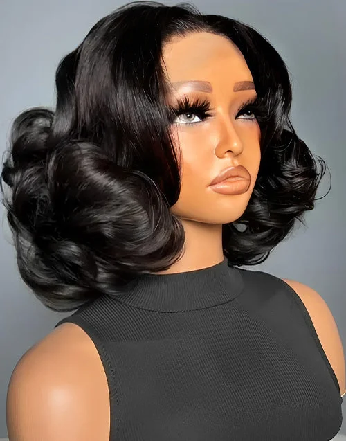 Black Color Bouncy Wave Bob Wig Full 250% Density Glueless Human Hair Wig 5x5 Pre Cut Lace Black Color Bouncy Wave Bob Wig Full 250% Density Glueless Human Hair Wig 5x5 Pre Cut Lace