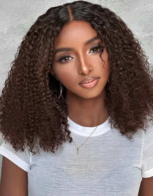 Bob Wigs for Modern and Contemporary Styles Drawstring Wigs Fluffy Ombre Brown Curly Bob Pull Go Wig Glueless Human Hair Wig Pre Cut Lace