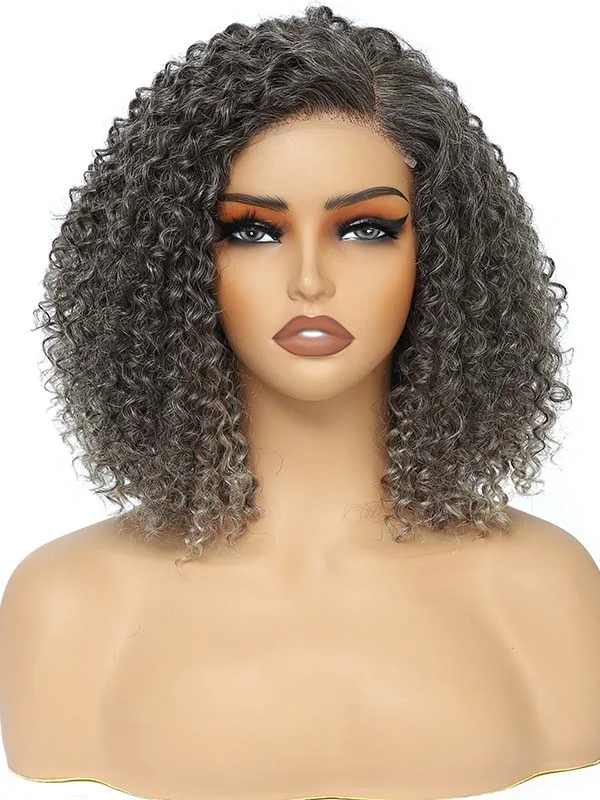 Bob Wigs with Clip - in Bangs (Removable) Junoda Short Curly Asymmetrical Side Part Bob Wig Silver Grey Salt and Pepper Colored Human Hair Wigs Bob Wigs with Clip - in Bangs (Removable) Junoda Short Curly Asymmetrical Side Part Bob Wig Silver Grey Salt and Pepper Colored Human Hair Wigs