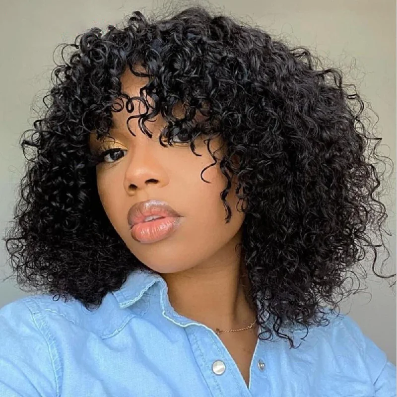 Bob Wigs for Water Sports​ 180% Density Junoda Jerry Curly Human Hair Wig With Bangs For Women Flash Deal