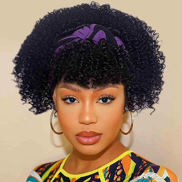 Bob Wigs for Business Professionals​ Junoda Hair Kinky Curly Short Bob Headband Wig Glueless Pixie Cut Wig with Bangs Brazilian Remy Hair 180% Density