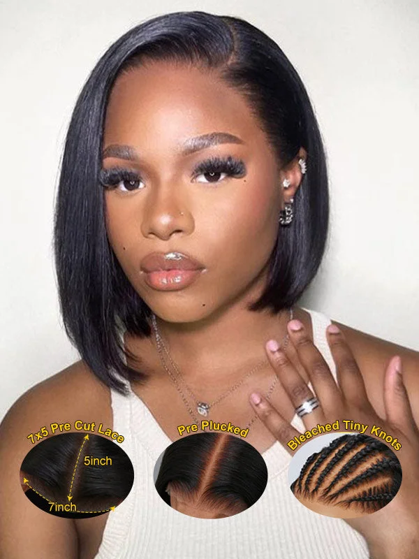 Bob Wigs for Job Interviews​ Junoda 7x5 Tiny Knots Wear & Go Glueless Straight Bob Pre Cut Lace & Bleached Knots Wig