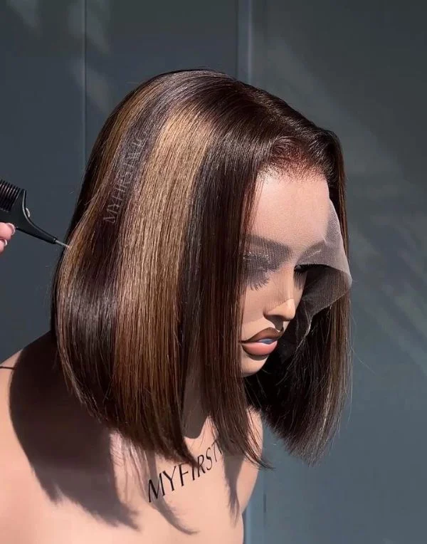 Long Bob Wigs (Lob) for Oval Faces​ Brown Highlight Blunt Cut Bob Human Hair Glueless Lace Front Wig - April016