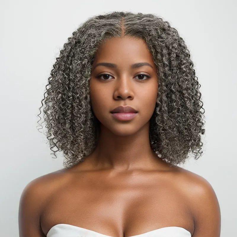 Bob Wigs with Middle - Parted Styles​ 13x4 Glueless Elegant Kinky Curly Salt & Pepper Color Bob Wig