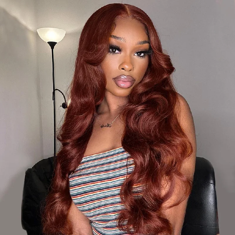 Human Hair Wavy Wigs for a Realistic Appearance Reddish Brown Curtain Bangs Body Wave Pre Cut 6x5 Lace Glueless Wigs Human Hair Wavy Wigs for a Realistic Appearance Reddish Brown Curtain Bangs Body Wave Pre Cut 6x5 Lace Glueless Wigs