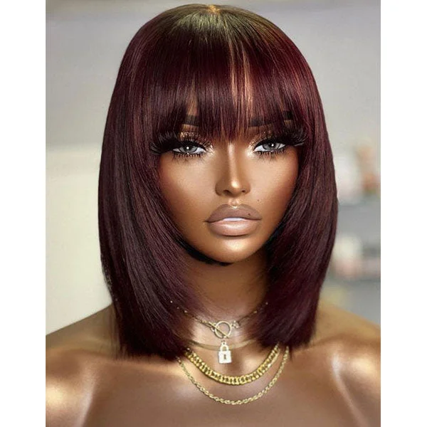 Bob Wigs in Blonde Colors​ Junoda Burgundy Red Layer Cut Straight Bob Wig with Bangs 99J Glueless Wig