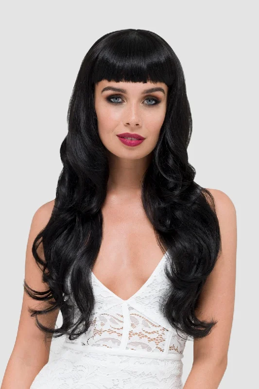 Long - length wig with a middle - part for a classic and elegant style Long wavy black wig with vintage-style, rockabilly, straight fringe: Eloise