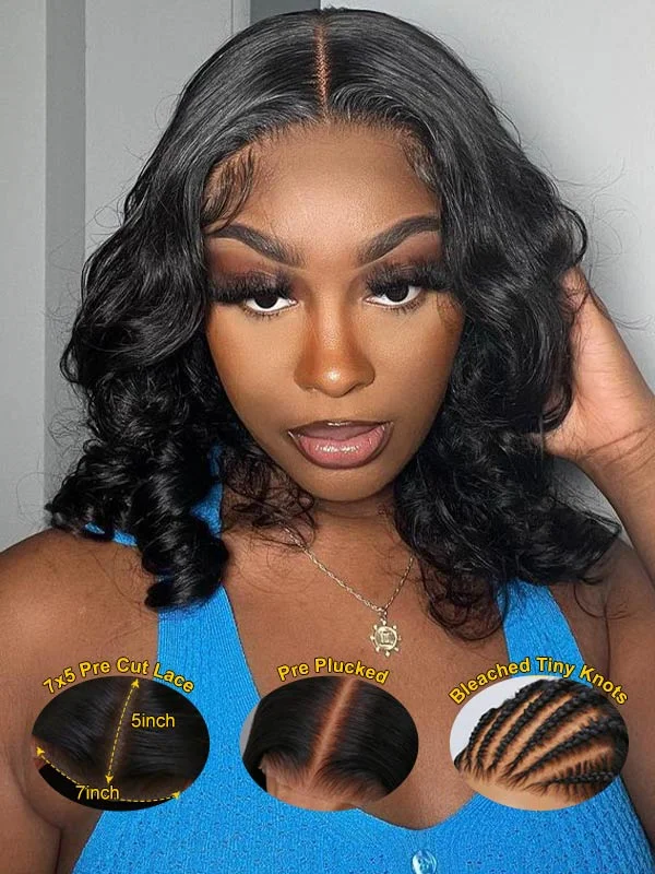 Bob Wigs for Vintage - Inspired Looks​ Junoda Bleached Tiny Knots 7x5 Pre Cut Lace Short Bob Body Wave Wear Go Glueless Wig