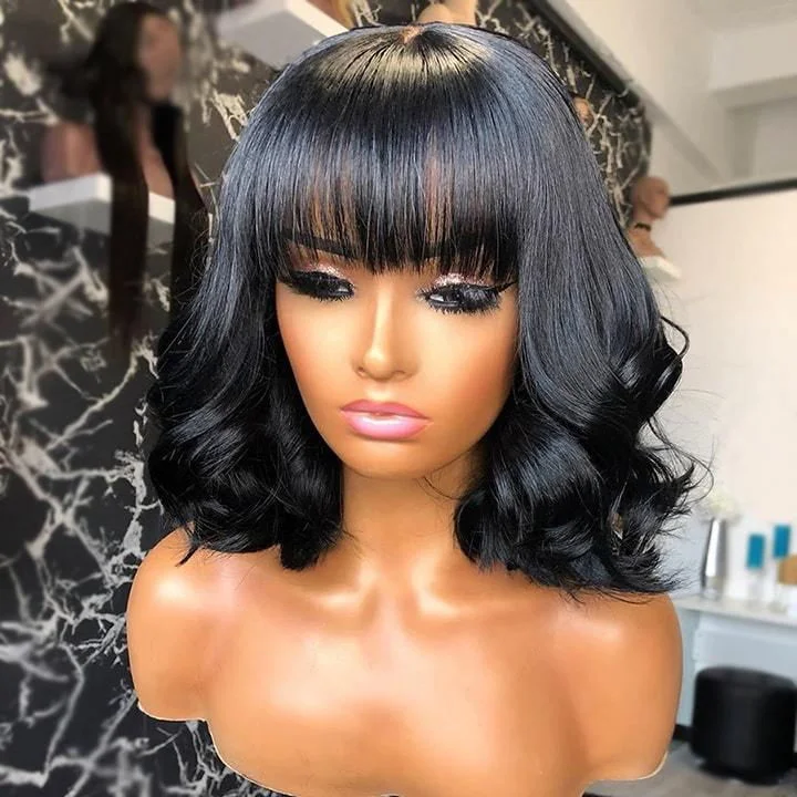 Bob Wigs for Hiking Blunt Cut Short Layered Black Bob Wig With Bangs Full Cap 13x4 Lace Wig Bob Wigs for Hiking Blunt Cut Short Layered Black Bob Wig With Bangs Full Cap 13x4 Lace Wig