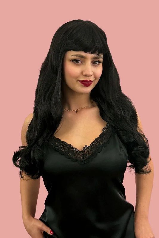 Wavy Wigs with Breathable Caps for Comfort Wavy Wigs in Asian Sizing Long black wavy wig with pinup-style fringe: Lisha Wavy Wigs with Breathable Caps for Comfort Wavy Wigs in Asian Sizing Long black wavy wig with pinup-style fringe: Lisha