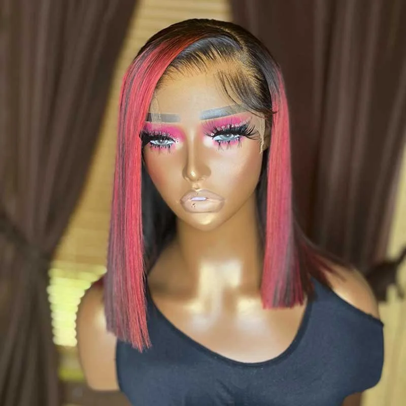 Bob Wigs in European Sizing CUSTOM WIG| Pink Highlights Short Bob Wigs Human Hair 13x4 Frontal Wigs Pre Plucked Ready To Wear Bob Wigs in European Sizing CUSTOM WIG| Pink Highlights Short Bob Wigs Human Hair 13x4 Frontal Wigs Pre Plucked Ready To Wear