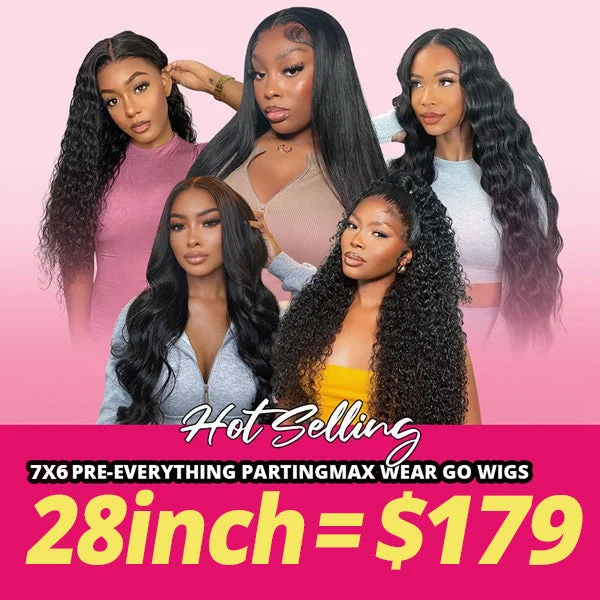 Wavy Wigs in Blonde Highlights​ [28"=$179]Lolly 7x6 Parting Max Glueless Wear and Go Lace Frontal Wigs Pre-Everything Human Hair Wigs Beginner Friendly For Women Flash Sale