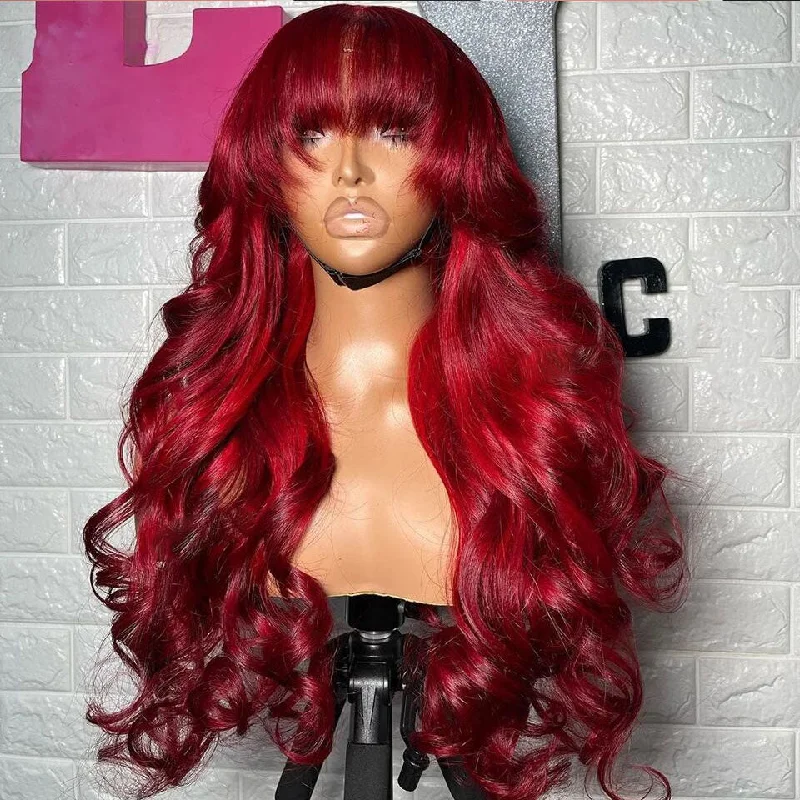 Loose Wavy Wigs for a Natural Beachy Look Lumiere Fringe Red Body Wave Preplucked Burgundy 13x4 Transparent Lace Frontal 180% Density Human Hair Wigs With Bangs For Black Women HDZ Loose Wavy Wigs for a Natural Beachy Look Lumiere Fringe Red Body Wave Preplucked Burgundy 13x4 Transparent Lace Frontal 180% Density Human Hair Wigs With Bangs For Black Women HDZ