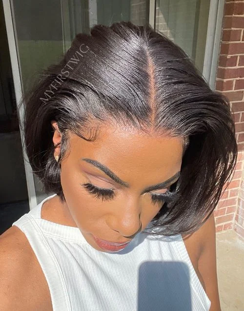 Bob Wigs for TikTok Stars​ Malaysian Human Hair Blunt Cut Glueless Relaxed Yaki Hair Texture Bob Invisible Lace Front Wig - YAKI023