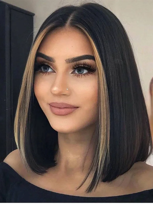 Bob Wigs in Black Colors​ Bob Wigs for Hiking​ Mix Color Highlight Two Tone Color Short Bob Undetectable HD Lace Front Wig NCF100