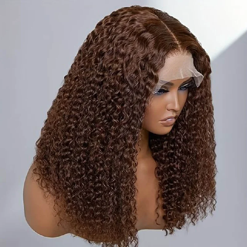 Bob Wigs for Social Media - Worthy Outfits​ Brown Curly Bob Lace Wigs Human Hair Pre Plucked lace closure wig