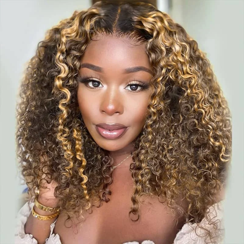Curly wig with a 220 - density for an extra - full appearance Fabulous Highlight Jerry Curly Short Bob 13*4 & 4*4 & 5*5 Transparent Lace Wig