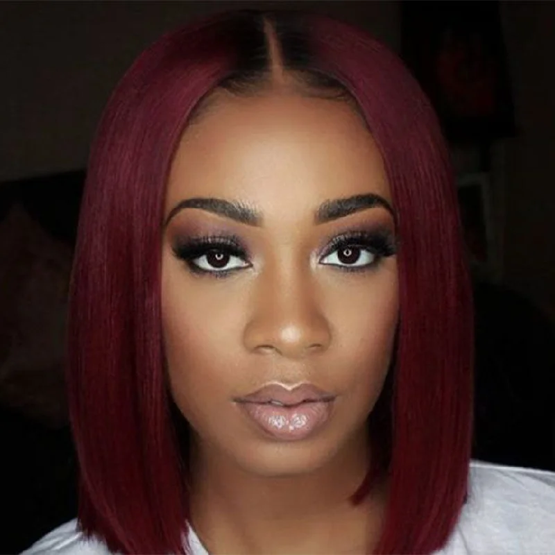 Bob Wigs in Brunette Shades​ Brazilian Hair Burgundy With Black Root Color Straight Lace Front Bob Wig