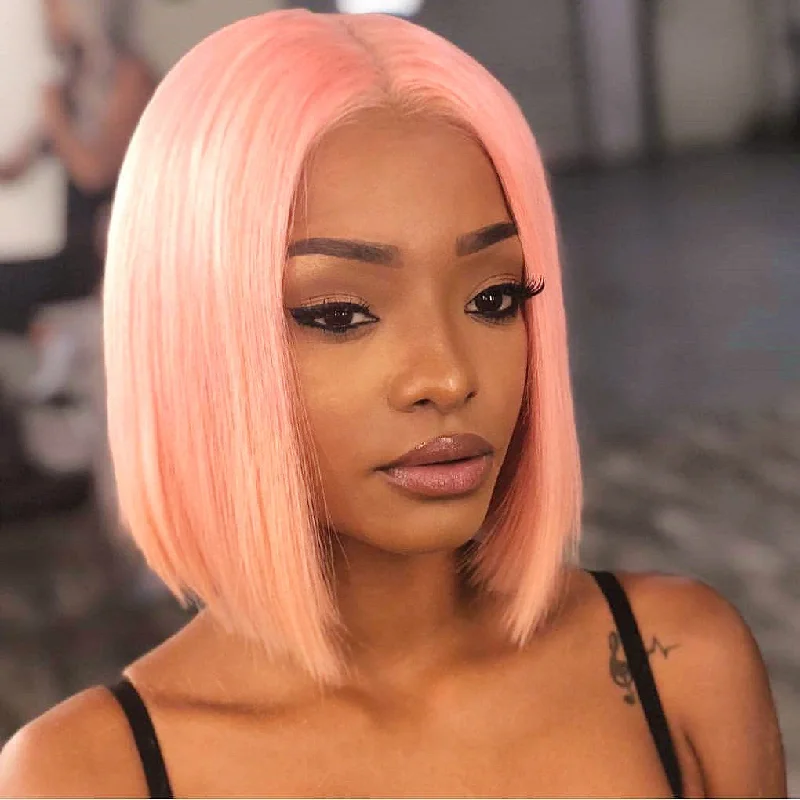 Bob Wigs without Bangs for Heart - Shaped Faces​ Peruvian Hair Light Pink Color Straight Lace Front Bob Wig