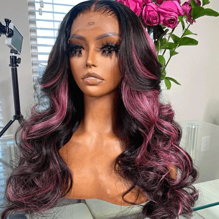Tuneful Glueless Purple Pink Highlight Colored 13x6 5x5 6x5 Lace Front Closure Human Hair Wig 180% Density