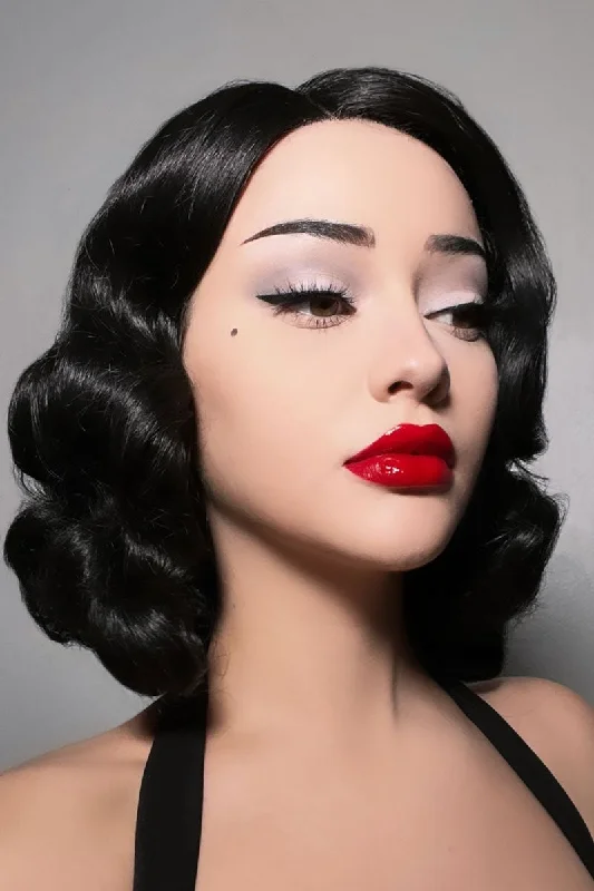 Wavy Wigs for Office Settings Wavy Wigs for Pear - Shaped Figures Black lacefront wig, pinup/vintage style, mid length with finger waves: Etta Wavy Wigs for Office Settings Wavy Wigs for Pear - Shaped Figures Black lacefront wig, pinup/vintage style, mid length with finger waves: Etta