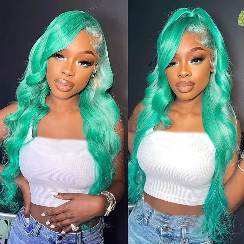 Wavy Wigs for Night Outings​ 13x4 13x6 Mint Green HD Lace Front Wig Body Wave Light Green Colored Human Hair Wig Pre Plucked Frontal Wigs For Women
