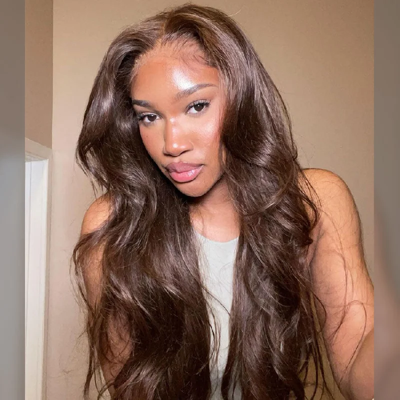 Wavy Wigs with Side - Swept Bangs Wear Go 6x5 Pre Cut HD Lace #4 Dark Brown Straight Body Wave Glueless Wig Wavy Wigs with Side - Swept Bangs Wear Go 6x5 Pre Cut HD Lace #4 Dark Brown Straight Body Wave Glueless Wig