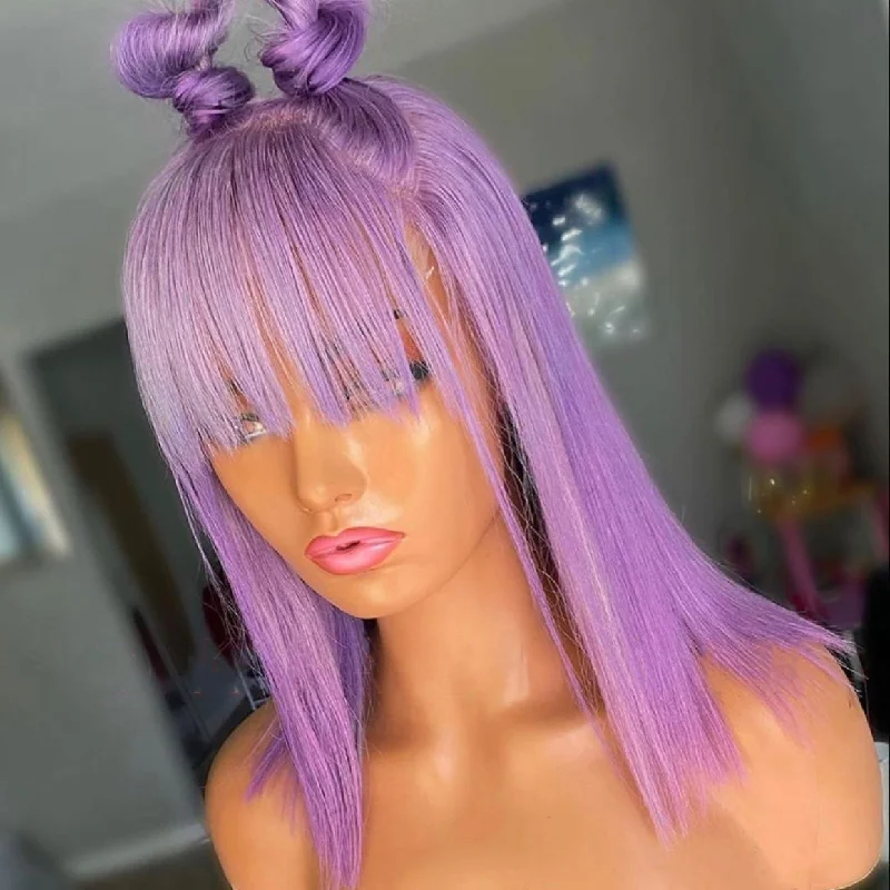 Bob Wigs for Swimming (Water - Resistant Options)​ Purple Color Straight & Bangs Peruvian Hair Lace Front Bob Wig