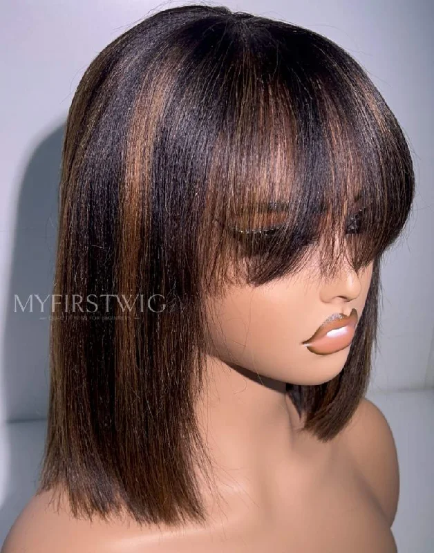Bob Wigs for Dance Classes 12" Highlight Brown Yaki Bob With Bangs 160% Density Glueless 4x4" Closure Wig - FL4420 Bob Wigs for Dance Classes 12" Highlight Brown Yaki Bob With Bangs 160% Density Glueless 4x4" Closure Wig - FL4420