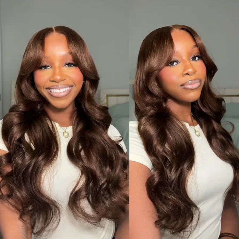 Wavy Wigs for Family Gatherings Body Wave #4 Dark Brown Curtain Bangs Layered Cut Glueless Wig Pre Cut 6x5 HD Lace Wavy Wigs for Family Gatherings Body Wave #4 Dark Brown Curtain Bangs Layered Cut Glueless Wig Pre Cut 6x5 HD Lace