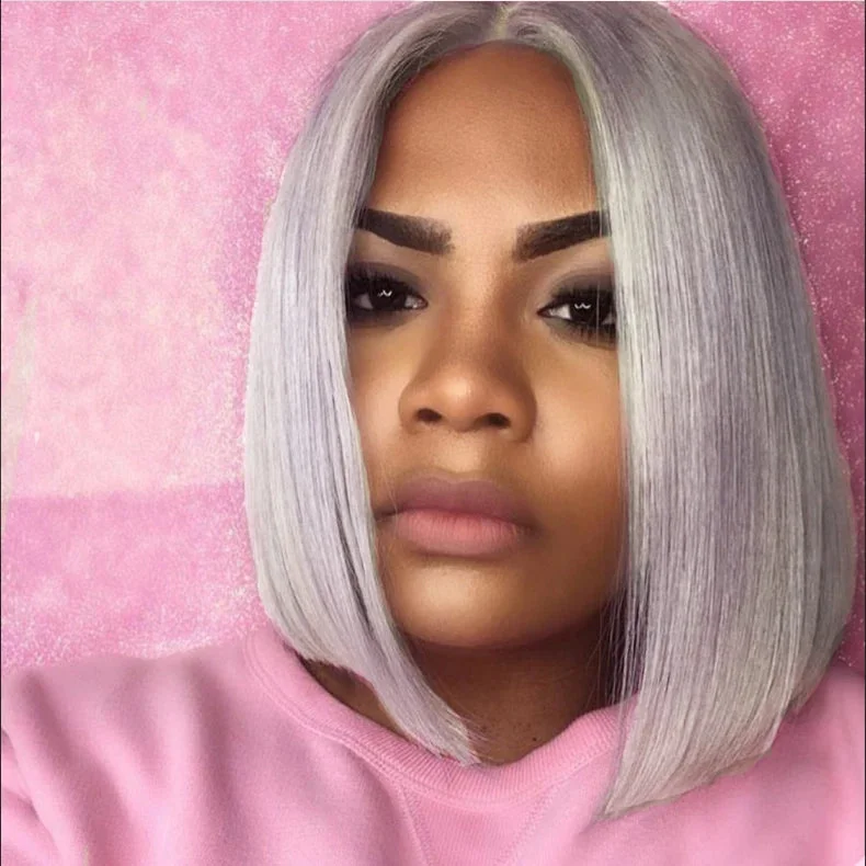 Bob Wigs with Side - Parted Styles​ Peruvian Hair Silver Color Straight Lace Front Bob Wig